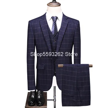 

Men Grid Suit Suit Three-piece Set Suit Youth Business Leisure 8655