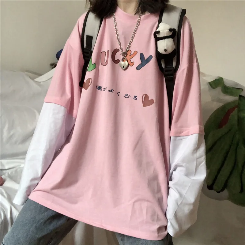 Lychee, для девушек, с японским буквенным принтом, женская футболка, повседневная, свободная, для девушек, футболки, поддельные, 2 штуки, с круглым вырезом, женские пуловеры, топы - Цвет: pink