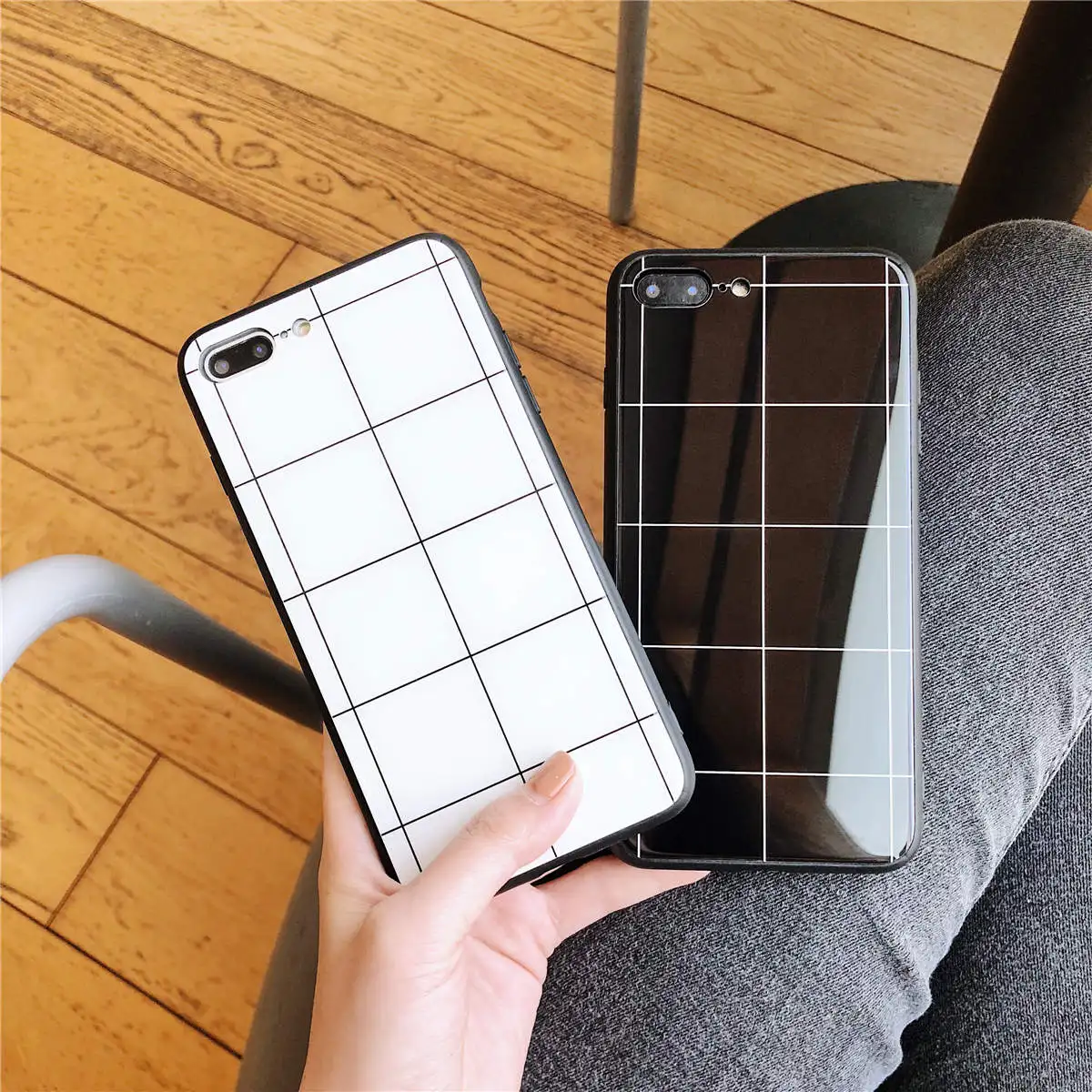 HYH iphone Glass Case White and Black Simple lines Pattern Anti Knock Fitted for Apple 6 7 8 plus x xs xr max |
