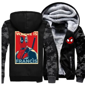 

Spider-Man Deadpool Where Is Francis Camouflage Hoodies Men 2019 Winter Thick Camo Jackets Hip Hop Casual Men's Warm Fleece Coat