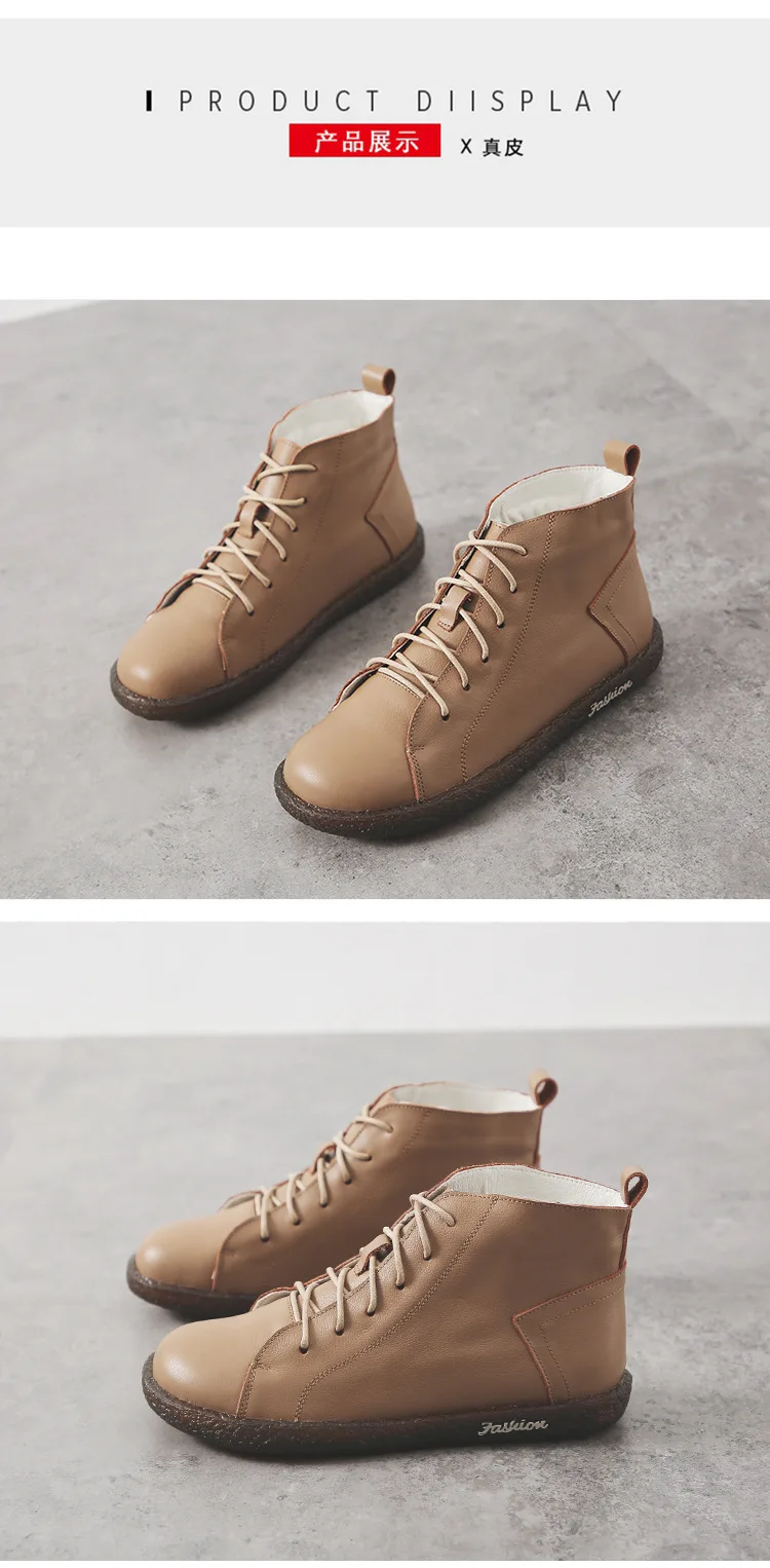 PEIPAH Women's Genuine Leather Shoes Woman Winter Boots Female Rubber Ankle Boots Flat With Fur Lace-Up Shoes Botines Mujer