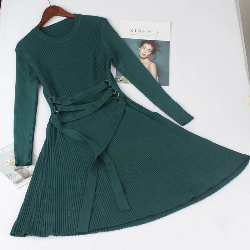GIGOGOU осенне-зимнее теплое женское платье-свитер на шнуровке, толстые женские платья трапециевидной формы, тонкие трикотажные плиссированные платья - Color: green  1999