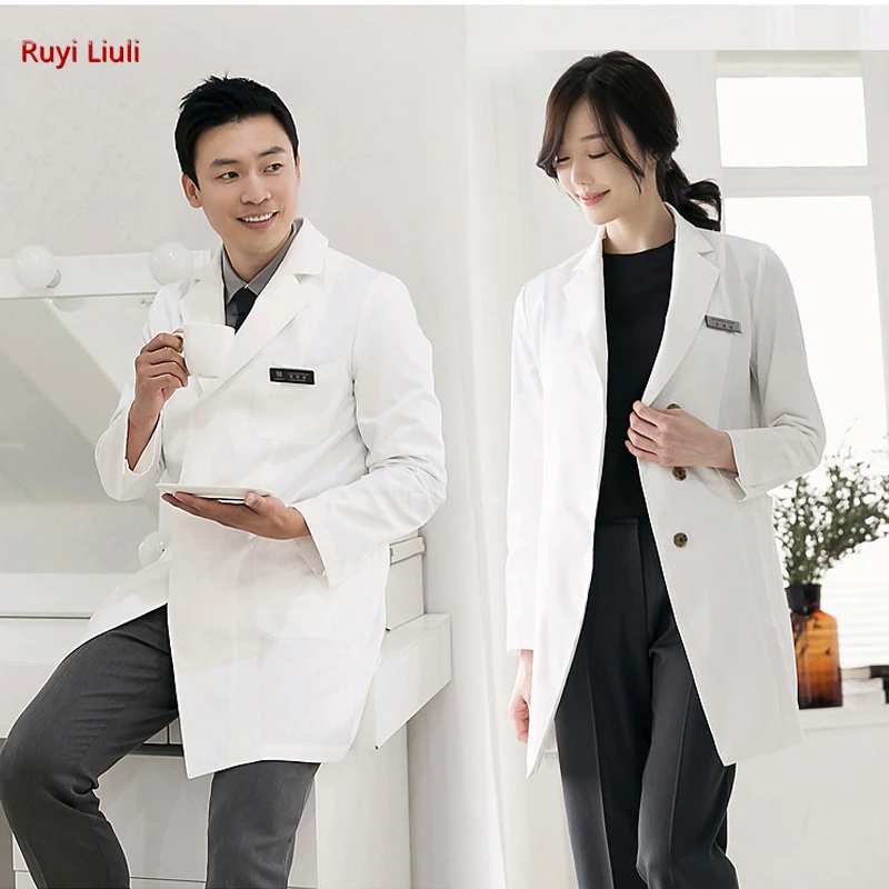 

Plastic surgeon dental doctor uniform tattoo artist female doctor in white gown long sleeve coat