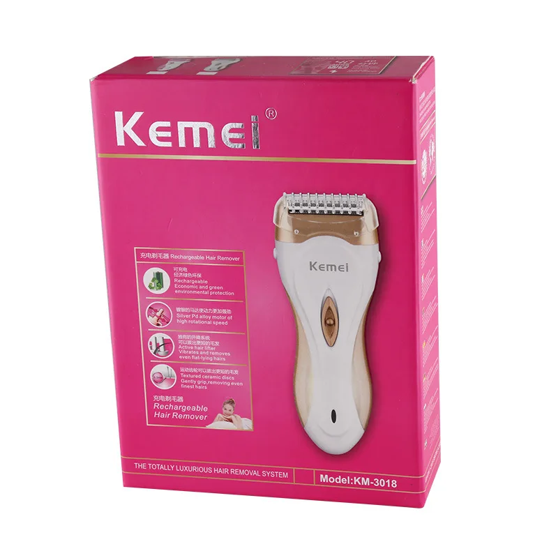 Kemei эпилятор для удаления волос, бикини, лица, подмышек, эпилятор для женщин, перезаряжаемый, для мытья волос, 40 мин, для тела, Женская бритва - Цвет: with box