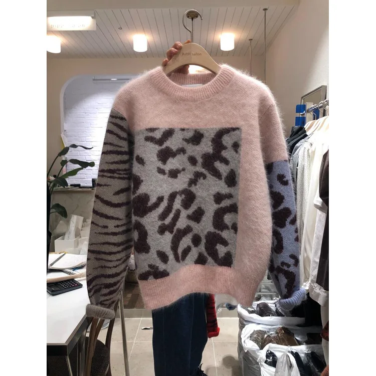 GRUIICEEN длинный рукав зимний женский свитер Леопардовый узор негабаритный Вязанный свитер GY2018363