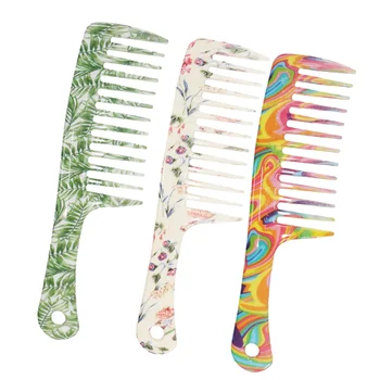 

3Pcs Wide Teeth Hair Combs Fashion Printing Haircut Combs Hairdressing Combs with Straight Handle (Mixed Color Green Leaf Style
