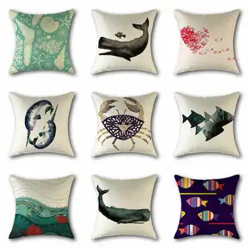 

Ocean Life Fish Crab Whale Pattern Cotton Linen Pillowcase for Home Office Seat Decor Sofa Waist Cushion Cover 18''