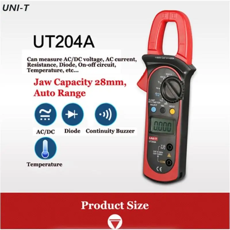 

UT204A Digital Handheld Auto Range Clamp Multimeter DMM AC/DC Volt Amp Resistance Capacitance Frequency Temperature Tester