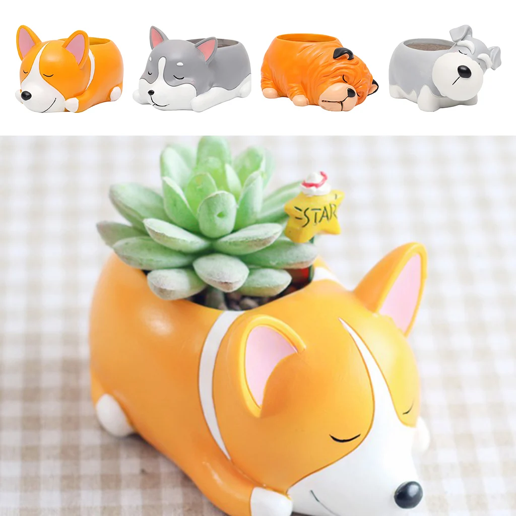 Resin Cartoon Dog Succulent Cactus Planter Pot, Decorative Garden Flower Holder Bowl for Home Office, Pick