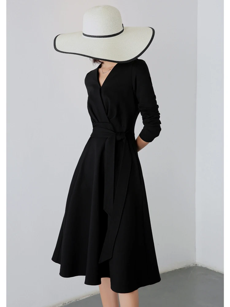 

Hepburn Vintage 2019 New Arrival Sashes A-line Wrap Dress High Waist Long Sleeve Solid Black Red Ladies Party Dresses