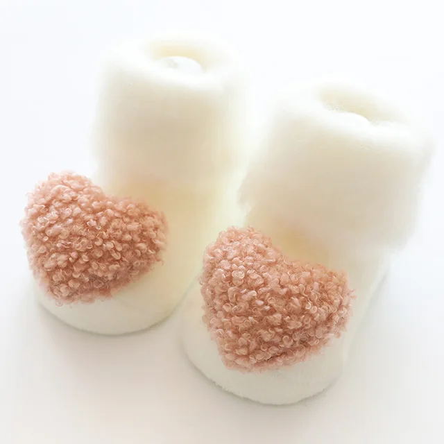 Cute Baby Socks Stereo Doll Socks Autumn Winter Mid Stocks Velvet Thickening Brush Furry Newborn Floor Socks 0-18 months white