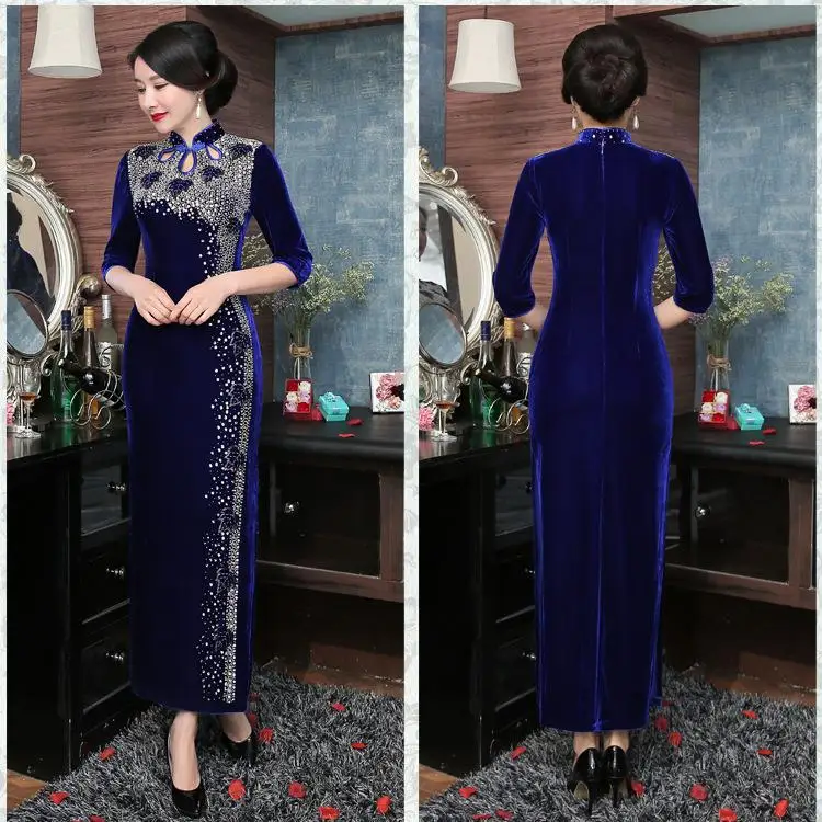 Китайские платья, женское роскошное платье Qipao, новинка, воротник-стойка, сексуальное вечернее платье Cheongsam, ручная работа, бисер, винтажное платье - Цвет: Blue