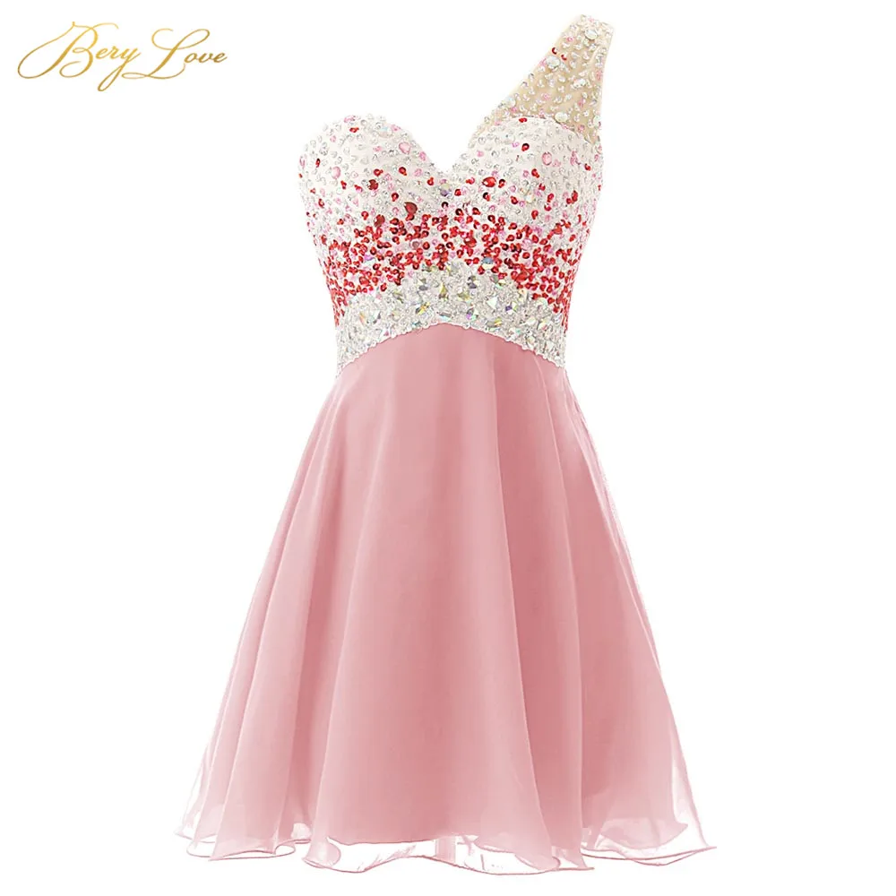 

Young Girl Blush Pink Homecoming Dress 2020 One Shoulder Sequin Bead Homecoming Gown Chiffon Empire Party Gown Graduation Dress