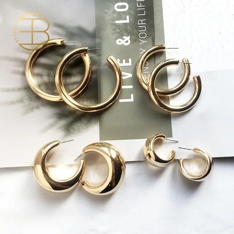 Hoop-Earrings Gold Circle Chunky Street-Style Small Metal Women Big CC for Punk