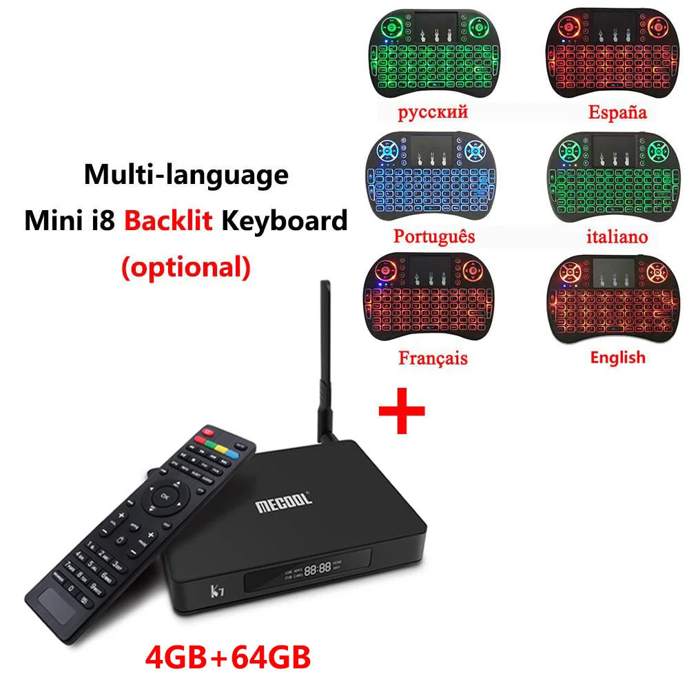 MECOOL K7 Smart Android 9,0 tv Box Amlogic S905X2 DVB-T2 DVB-S2 ТВ приемник 4 Гб DDR4 64 Гб rom 4K телеприставка DVB-C медиаплеер - Цвет: K7 add i8 backlit