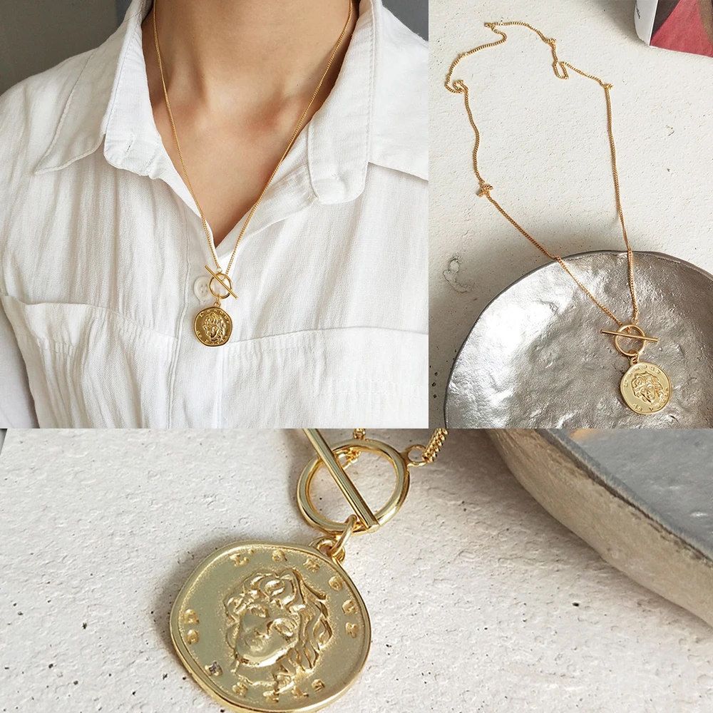 Portrait Gold Medallion Round Coin Pendant Choker Necklace Large Disc Necklace S925 Silver Personalized Necklace Boho Jewelry - Окраска металла: F969