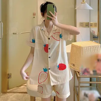 

Summer 2 Pcs Pajamas Suit For Women Lapel Short Sleeves Top Shorts Ladies Sleepwear Set Cute Cartoon Print Home Wear