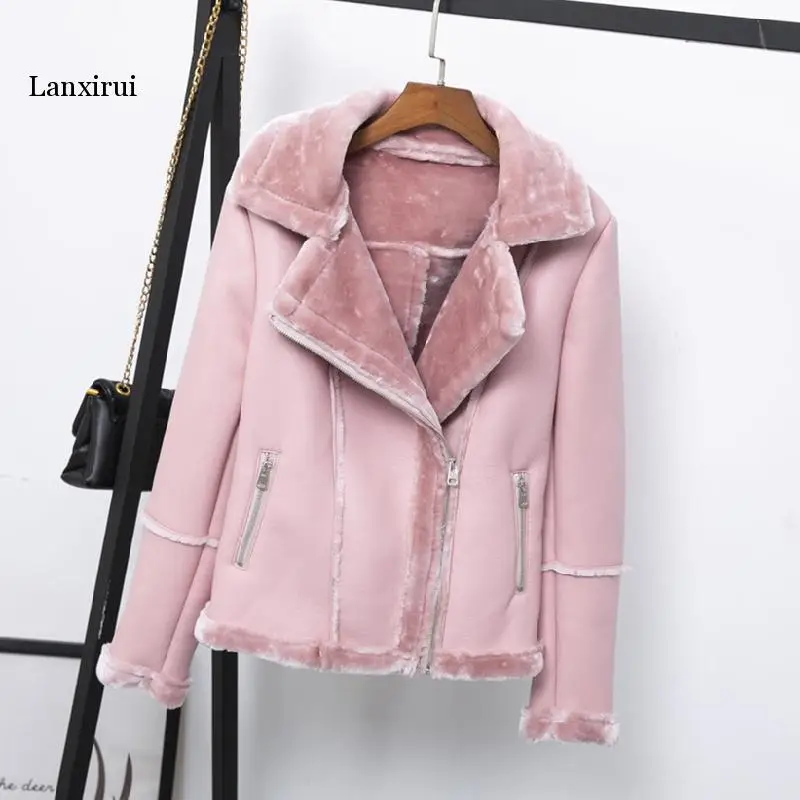 

New Winter Faux Shearling Sheepskin Coats Women Thick Warm Pu Faux Lamb Leather Jacket Black Motorcycle Female Overcoat Top