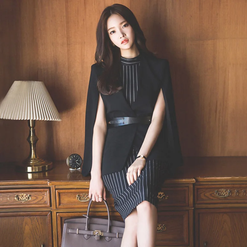 

South Korea New Products Cloak Double Purpose Coat Slim Fit Vertical Striped Dress Base Suit Dress