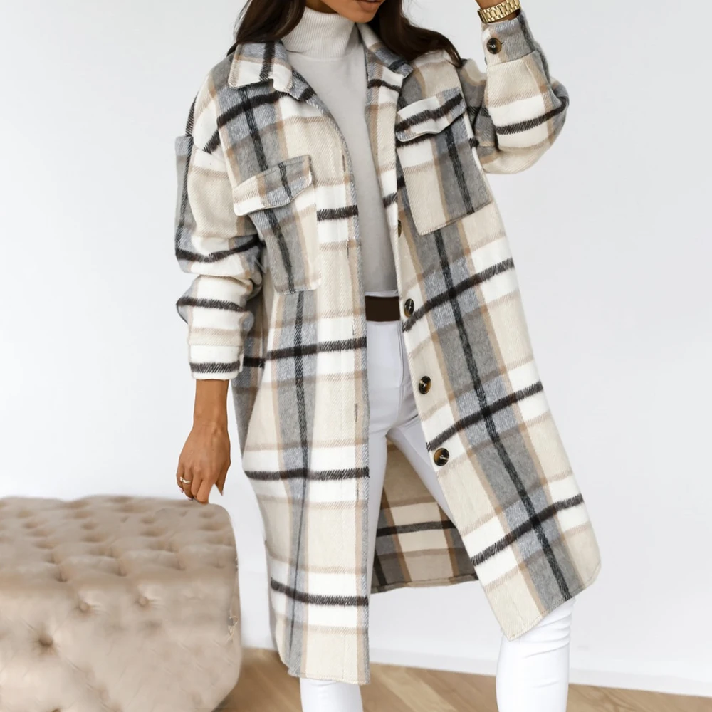 

Autumn Winter Women Checked Jacket Casual Turn Down Collar Plaid Long Coat Female Oversized Thick Warm Overcoat Plus Size