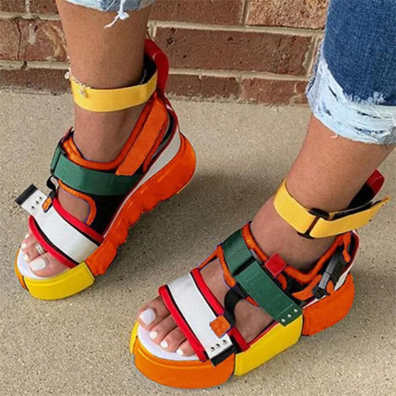 Velcro Platform Open Toe Colorful Color Block Sandals Women 2020 Summer Fashion Casual Outdoor Beach Shoes 5 Colors | Обувь