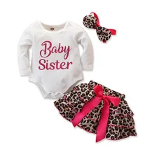Боди для новорожденных девочек; хлопковый комбинезон для маленьких сестер; топ+ леопардовая юбка с оборками и бантом+ повязка на голову; осенняя одежда; комплект из 3 предметов; D20