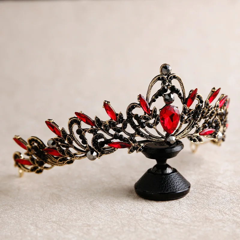 Барокко бронзовая Роскошная красная тиара с кристаллами для невесты корона винтажная черная горный хрусталь пышная диадема вуаль Тиара Свадебные аксессуары для волос
