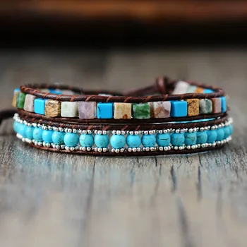 Vintage Leather Bracelets High End Mix Natural Stones 2 Strands Wrap Bracelets