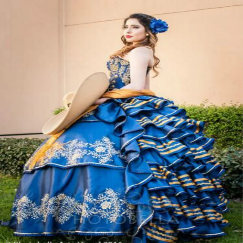 Blue Quinceanera Dresses Ball Gown Ruffles Fluffy Formal Prom Dress Charro Sweet 15 Traditional Mexican Dress abendkleider