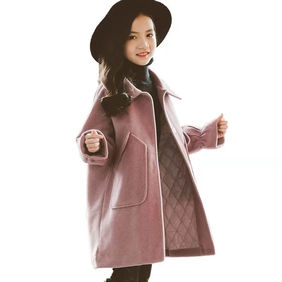 2 цвета, новинка, распродажа, Осень-зима, детское шерстяное пальто теплая верхняя одежда для девочек пальто с отложным воротником Размер для девочек 110-160 см