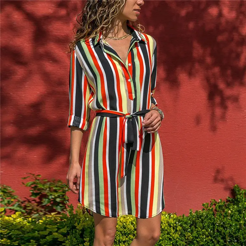 

Elegant Women Slim Waist Vertical Striped Print Waist Shirt Dress Lapel Long Sleeve Dress