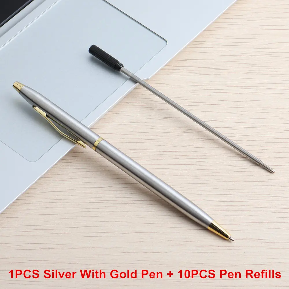 1Set Silver Gold Genkky ручка из нержавеющей стали стержень вращающаяся металлическая шариковая ручка металическая Канцелярские Шариковые ручки 0,7 мм синие Черные чернила офисные и школьные принадлежности - Цвет: 1Set Silver Gold