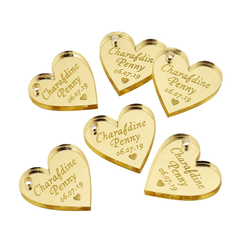 100 шт Выгравированные акриловые зеркальные золотые сердечки для свадебного стола центровые бирки индивидуальный тег для свадебного декора вечерние украшения