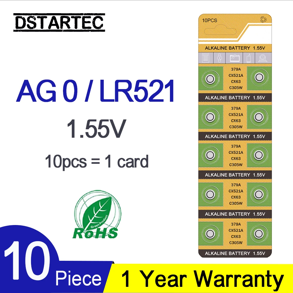 Щелочные кнопочные батарейки 1 55 в AG0 SR63 LR69 LR521 379A SR521SW GP379 D379 V379 V520 AG 0 10 шт.|Часовые