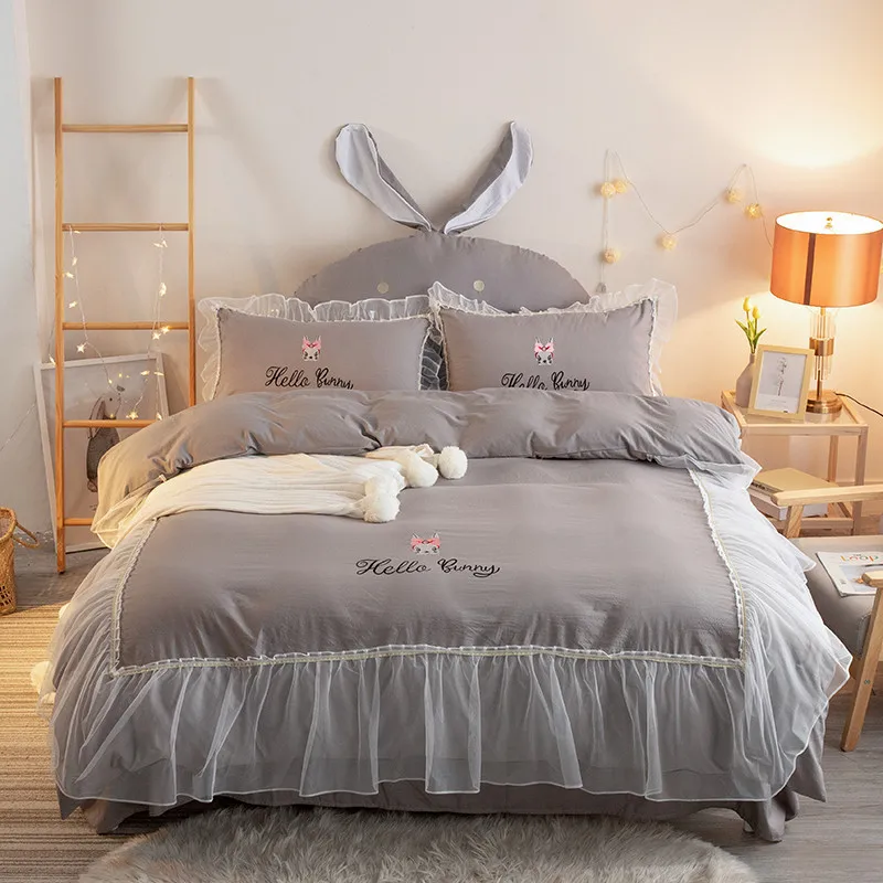 

Four Seasons Hot Sell Bedding 4pcs Washed Cotton Embroidery Cute Bunny Hello Bunny Pattern Bed Sheets Quilt Cover Princess Style