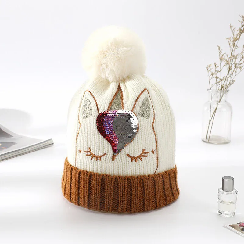 Зимняя теплая шапка Единорог для маленьких мальчиков и девочек, вязаная шапка с меховым помпоном, вязаная шапка