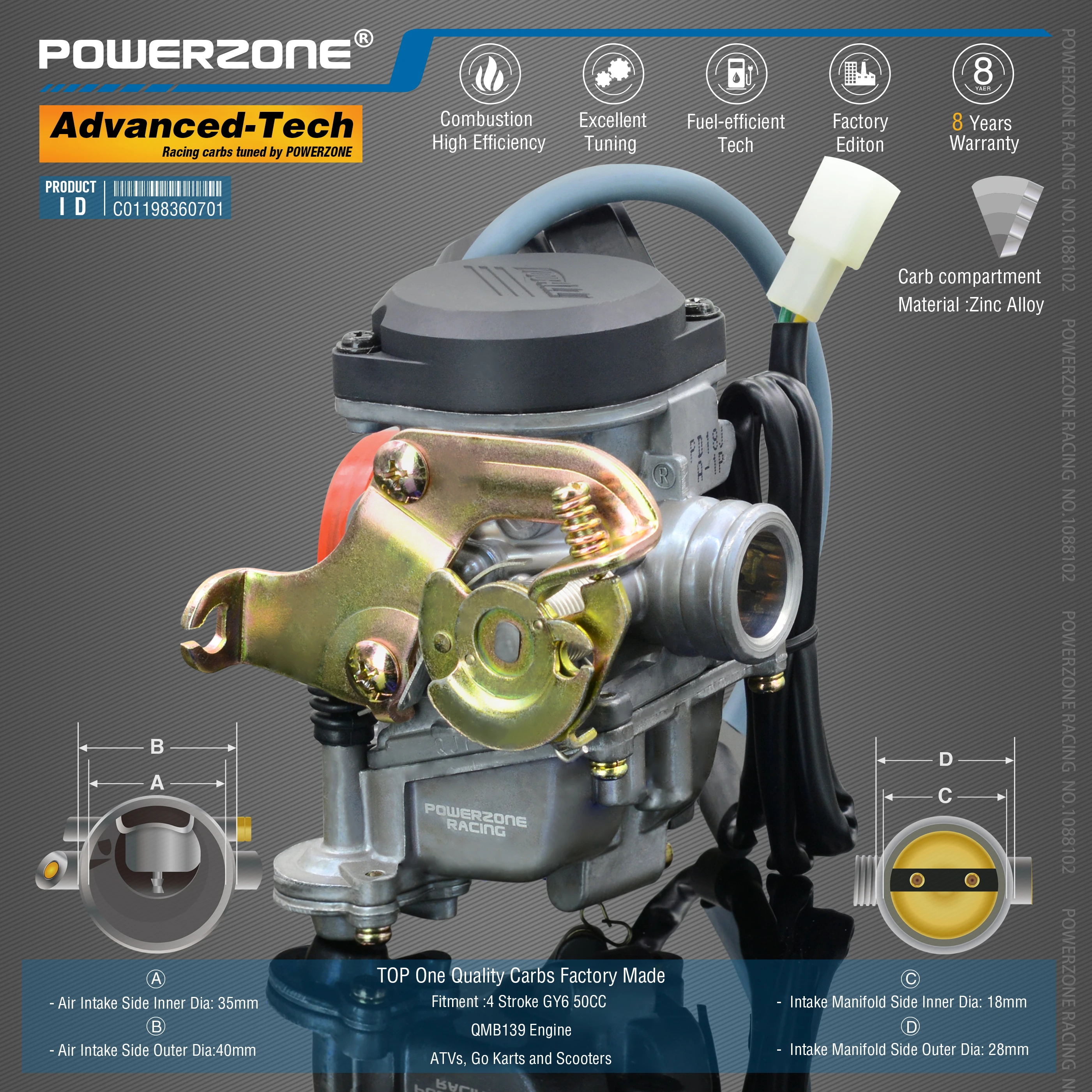 Powerzone карбюратор PD18J 18 мм CVK Ускорительный Насос Carb для GY6 50CC 139QMB 139QMA Мотоцикл Скутер Квадроцикл багги