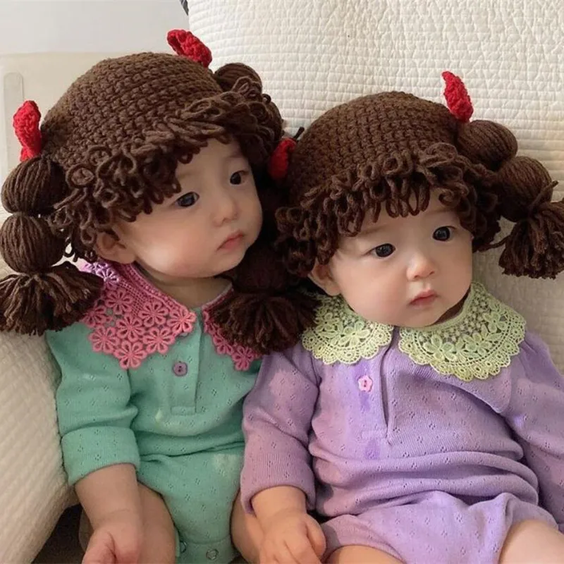 Cute Baby Kids Girls Hat Hair Pigtail Wig Cap Autumn Winter Knitted Children Infant Hats and Caps Accessories Photography Props