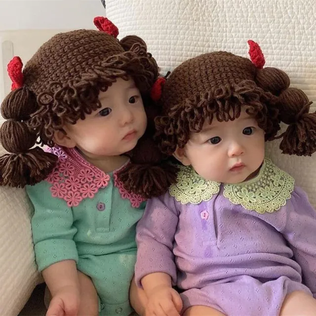 2021 Cute Baby Kids Girls Hat Hair Pigtail Wig Cap Autumn Winter Knitted Children Infant Hats Caps Accessories Photography Props Brown