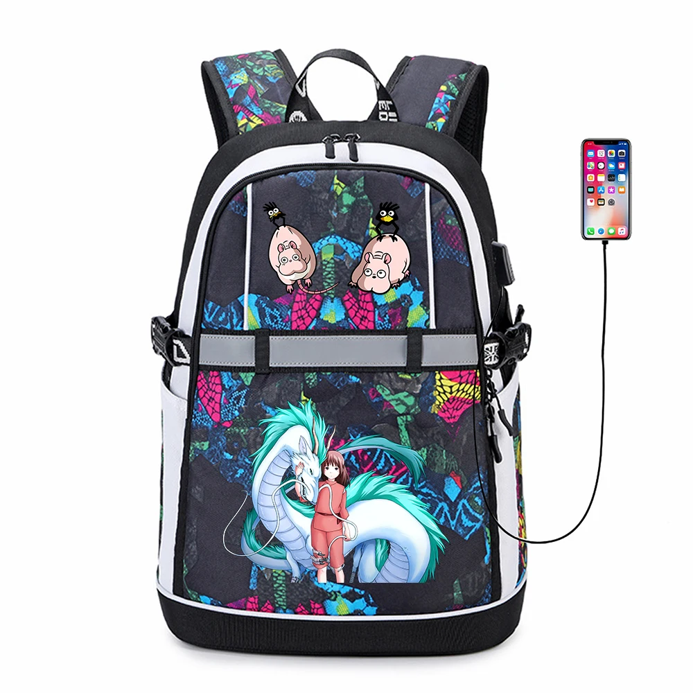 

Anime Spirited Away USB Backpack Cartoon Zipper Reflective Stripe Oxford Teenger Student Casual Bookbag Knapsack Schoolbag Bag