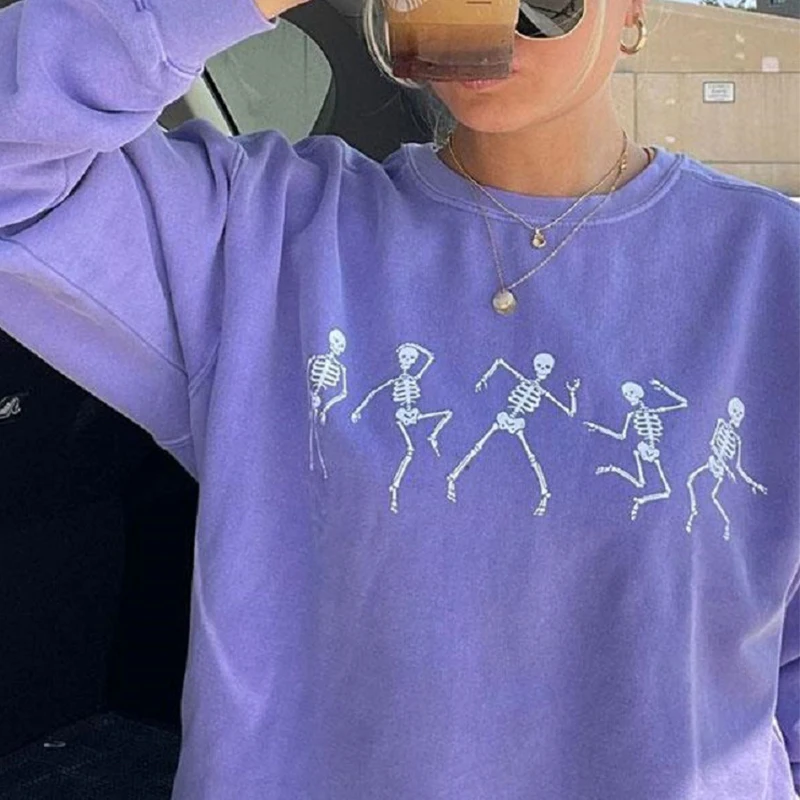 

Dancing Skull Crewneck Sweatshirt Women Vintage American Casual Streetwear Clothes for Teens Oversized Hoodies Autumn Purple Top