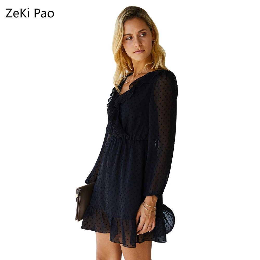 

Spring 2020 Pure Color Chiffon Mini Dress Lady Long Sleeve V-neck Ruffled Elastic Waist Retro Korean Dress Vestidos