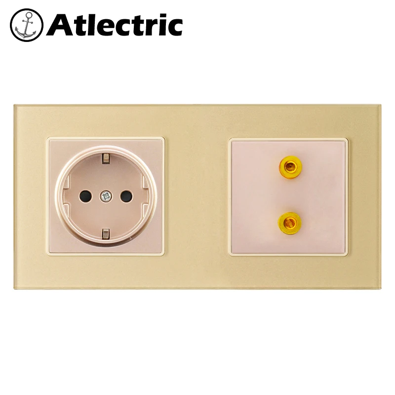 Atlectric EU DE Standard Plug Socket Sound Speaker Socket Double Socket Wall Power Electrical Outlet Glass Panel