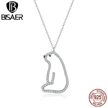 

BISAER Cute Polar Bear Necklace 925 Sterling Silver Bright Zircon Chain Link For Female Jewelry 45cm Adjustable Necklace EFN195