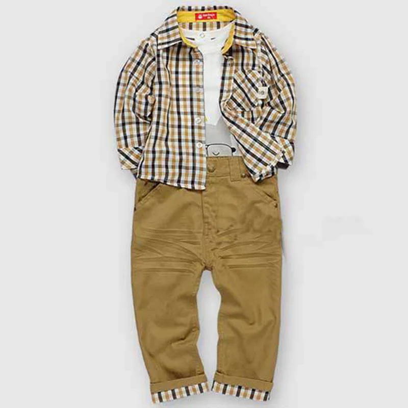 

LOOZYKIT Fashion Winter Warm Toddler Kids Baby Gentleman Suit Plaid Shirt Baby Retro Jeans +Shirt With T-shirt Children's Set