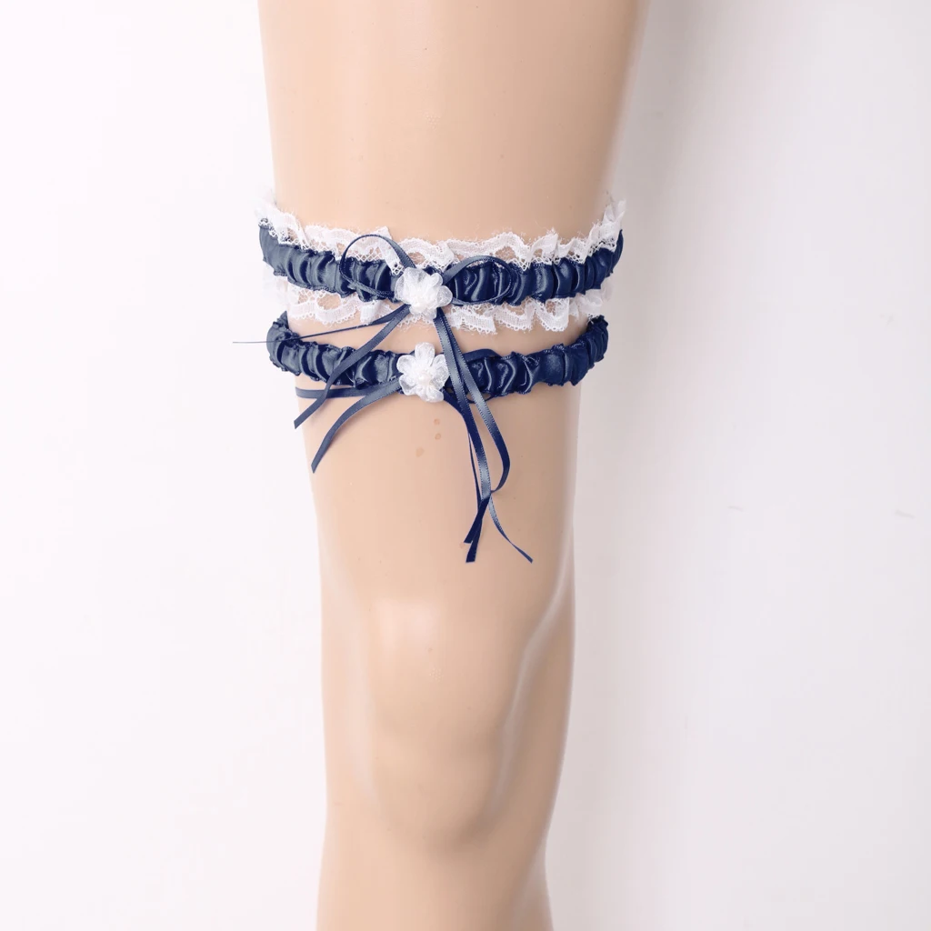2Pcs Rustic Bridal Wedding Garter Floral Stretch Bridal Lace Satin Bowknot Thigh Ring Soft Socks Hen Party Lace Pearls Garter