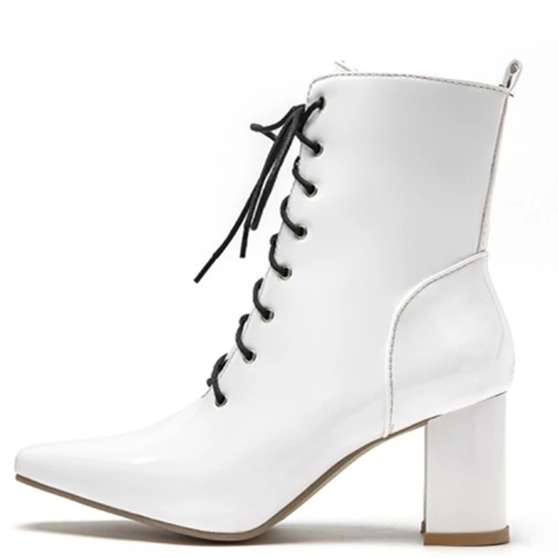 Plus Size 47 Autumn Winter Ankle Boots For Women Patent Leather Waterproof Short Fashion Lace-up Red White Motorcycle Boot | Обувь