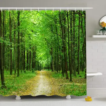 

Shower Curtain Set with Hooks 66x72 Beautiful in Green Forest Landscape Fog Path Summer Tree Nature Growth Parks Deciduous Sun