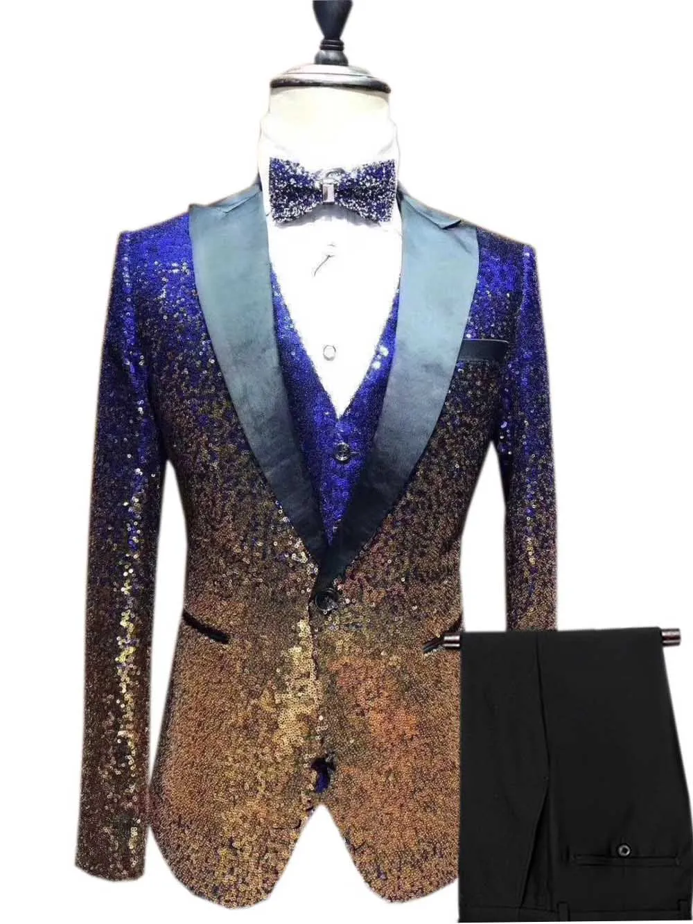 Royal Blue-Gold Мужской костюм с пайетками, 3 предмета, блестящий, приталенный смокинг, пиковый лацкан с тупым углом, вечерние, свадебные, для жениха, для банкета, ночного клуба(Блейзер+ жилет+ брюки - Цвет: Royal Blue-Gold
