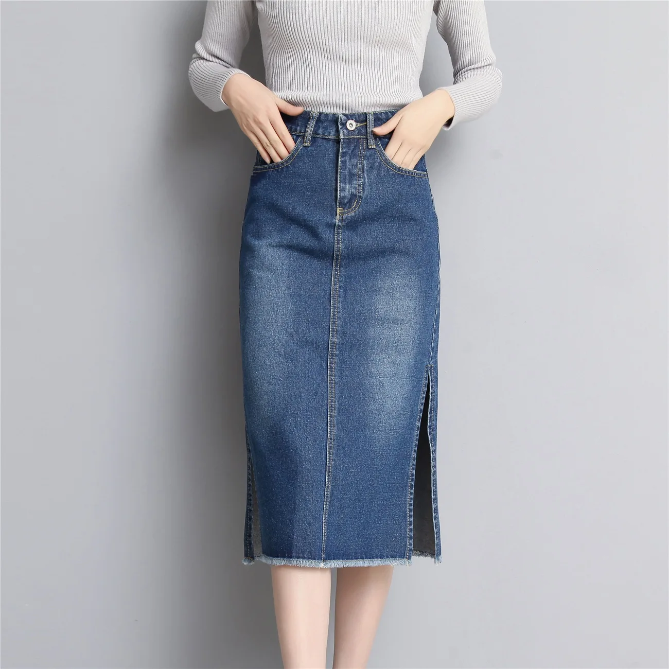 

Photo Shoot Autumn And Winter Retro College Style Mid-length Denim Skirt High-waisted Slimming Slit Skirt Autumn